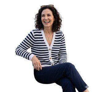 J.Crew NWT Striped Knit Ornate Button-Front Cardigan Sweater Navy Size L